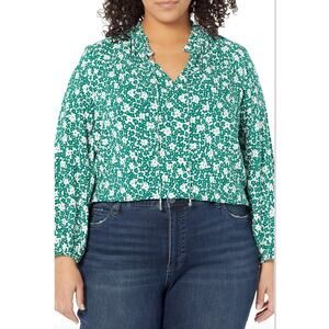 Tommy Hilfiger Womens Peasant Top Blouse 0X White Green Long Sleeve Floral NWT